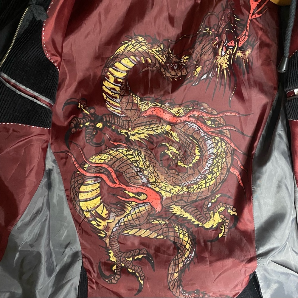 Toku Black Corduroy Hooded Jacket Coat Satin Dragon Liner Painted Lions Mens S‎ - Picture 3 of 12
